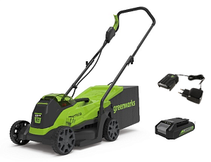 Газонокосилка аккумуляторная Greenworks Арт. 2516107UA, 24V, 33 см, бесщеточная, с 1хАКБ 2Ач и ЗУ — изображение 2